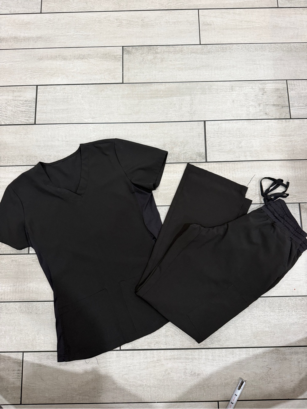 Women's Black Scrub Set - Breathable V-Neck Top & Drawstring Pants